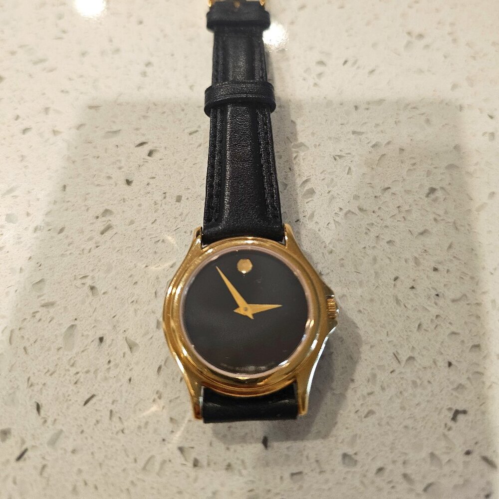 Women Movado Museum Watch 18K Gold Plated Stainless Back Leather Wristband